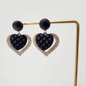 Brand New Black Hearts With Gold Rhinestone Earrings